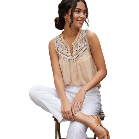 Democracy Cream Sleeveless Blouse Embellished V-Neck Top Size M Boho Chic - Picture 2 of 7